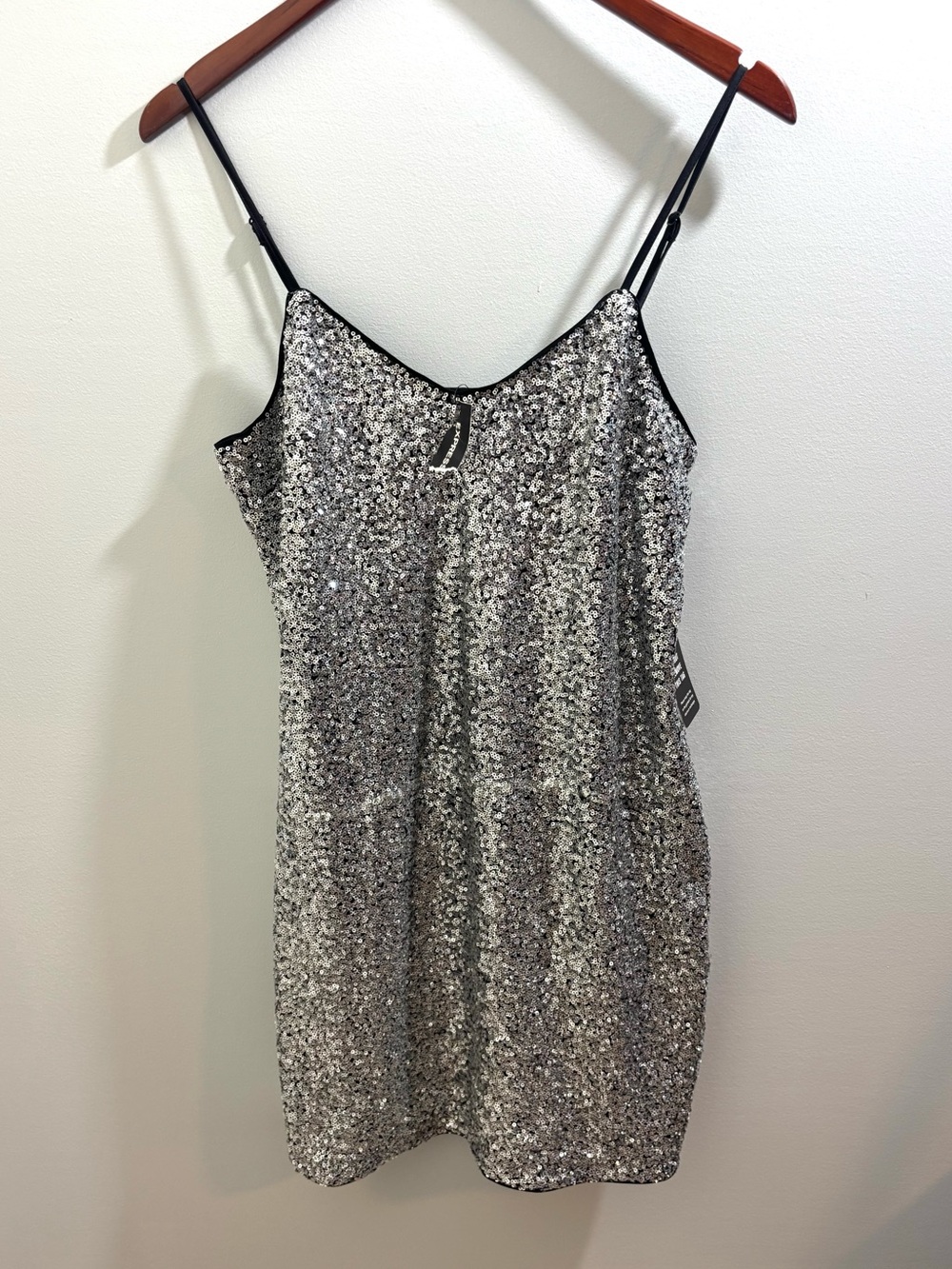 NWT Express Silver Sequin Slip Dress Black Straps Going Out Cocktail S